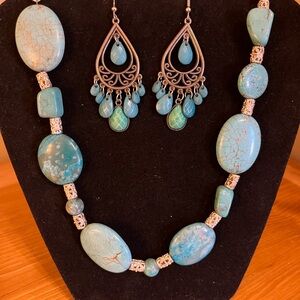 Turquoise like necklace set with earrings 925 toggle clasp 25”